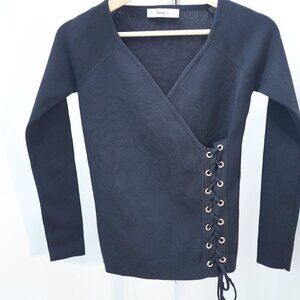 Zara Black V-Neck Lace-Up Knit Top, Size XS